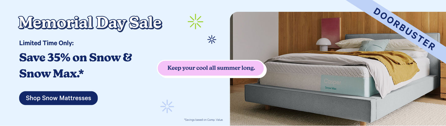 Memorial Day Sale advertisement with a mattress on display. Text on the image says "Memorial Day Sale. Doorbuster. Limited Time Only. Save 35% on Snow + Snow Max. Keep your cool all summer long. Show Snow Mattresses."