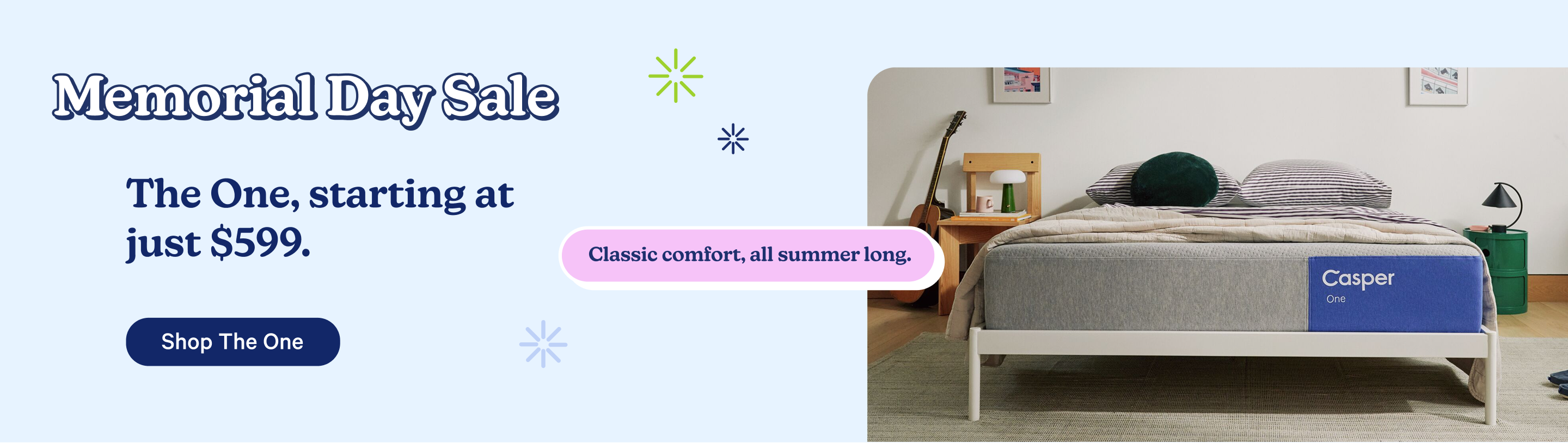 Advertisement for a Casper mattress with a Memorial Day Sale on a light blue background. The One, starting at just $599. Classic comfort, all summer long. Shop The One.