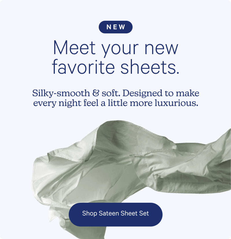 Still shot of a bed sheet being tossed in the air. Text on the image reads "New. Meet your new favorite sheets. Silky-smooth & soft. Designed to make every night feel a little more luxurious."