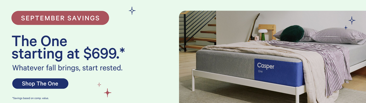 Promotional banner for Casper mattresses featuring a bed with a gray and blue mattress on the right, alongside text on the left reading 'SEPTEMBER SAVINGS' and 'The One starting at $699.*' with a 'Shop The One' button.