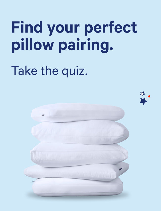 Stack of white pillows on a light blue background with text inviting viewers to take a pillow quiz. Find your perfect pillow pairing.
