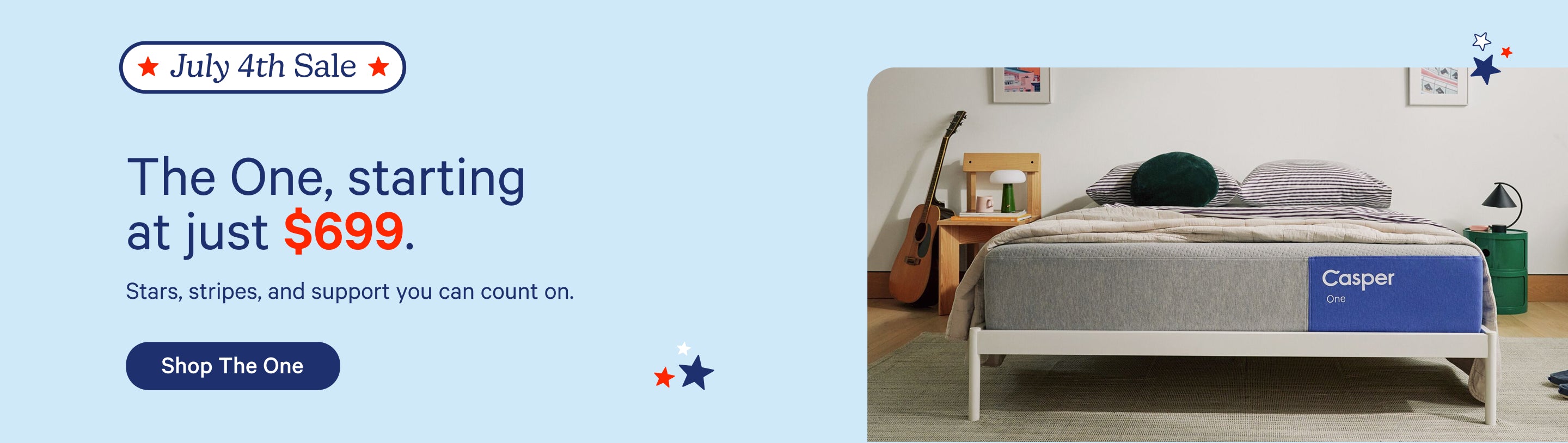 Casper mattress advertisement with 'July 4th Sale' text and a photo of The One mattress in a bedroom. The One, starting at just $699. Stars, stripes, and support you can count on. Shop The One.