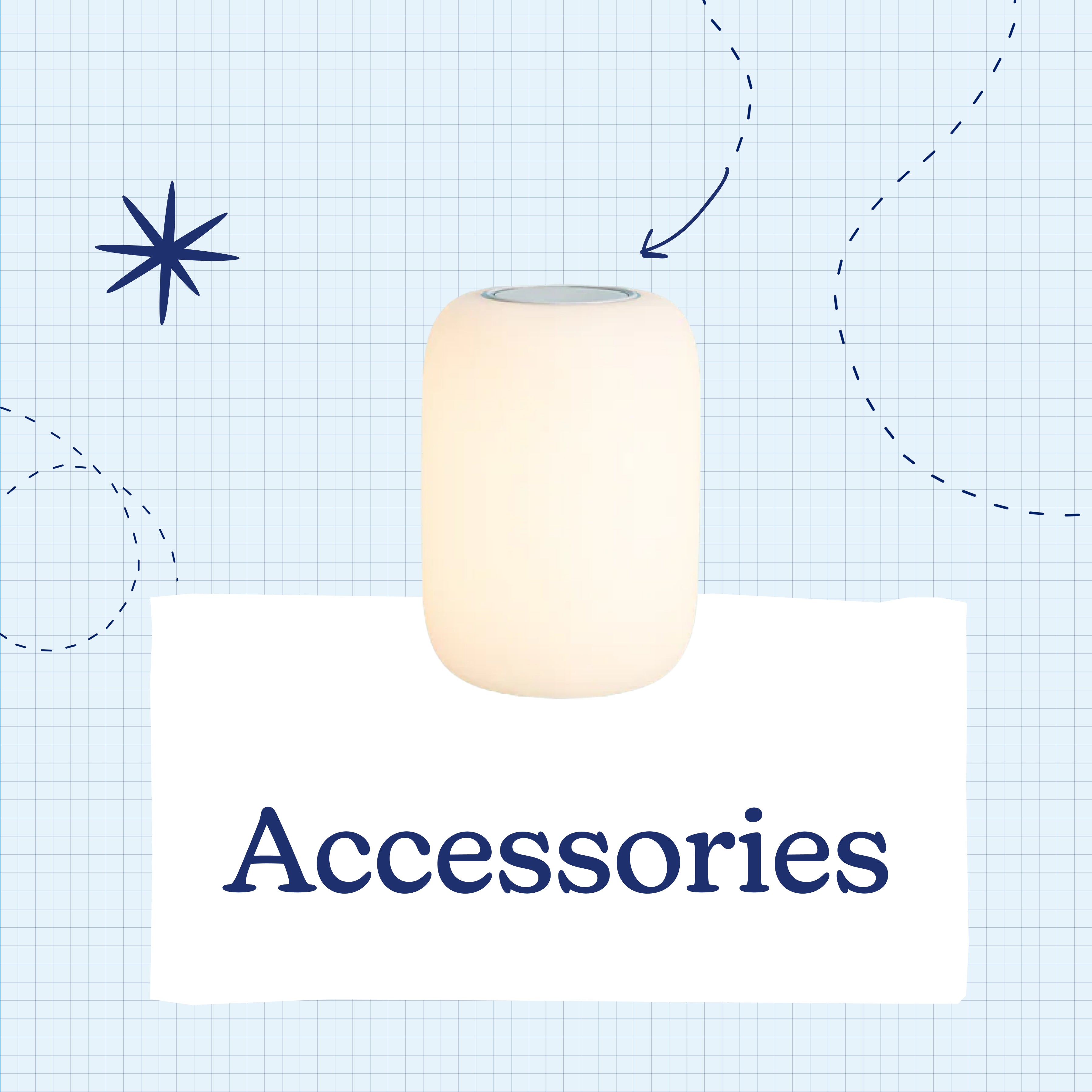 White cylindrical object on a blue grid background with 'Accessories' text