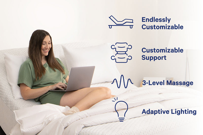 A woman reading in her bed in an upright position due to the Adjustable Base Pro. Text and icons on the image say that the product is endlessly customizable, has customizable support, a 3-level massage feature, and adaptive lighting.