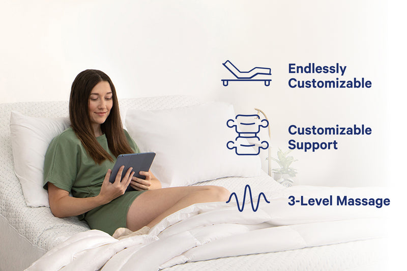 A woman reading in her bed in an upright position due to the Adjustable Base Pro. Text and icons on the image say that the product is endlessly customizable, has customizable support, and has a 3-level massage feature.