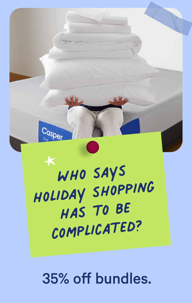 Casper mattress with promotional text for Black Friday sale on a blue background. The text reads, "Who says holiday shopping has to be complicated? 35% off bundles."