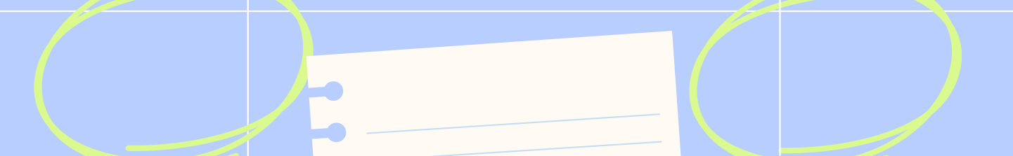 A digital graphic illustration featuring a white lined notepad with two blue hole punches on the left margin, set against a light blue background with faint grid lines and lime green hand-drawn circle highlights on both sides.