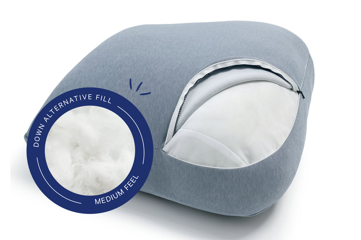 The Backrest Pillow against a white background. A pill on the image indicates that it's made with down-alternative fill and has a medium feel.