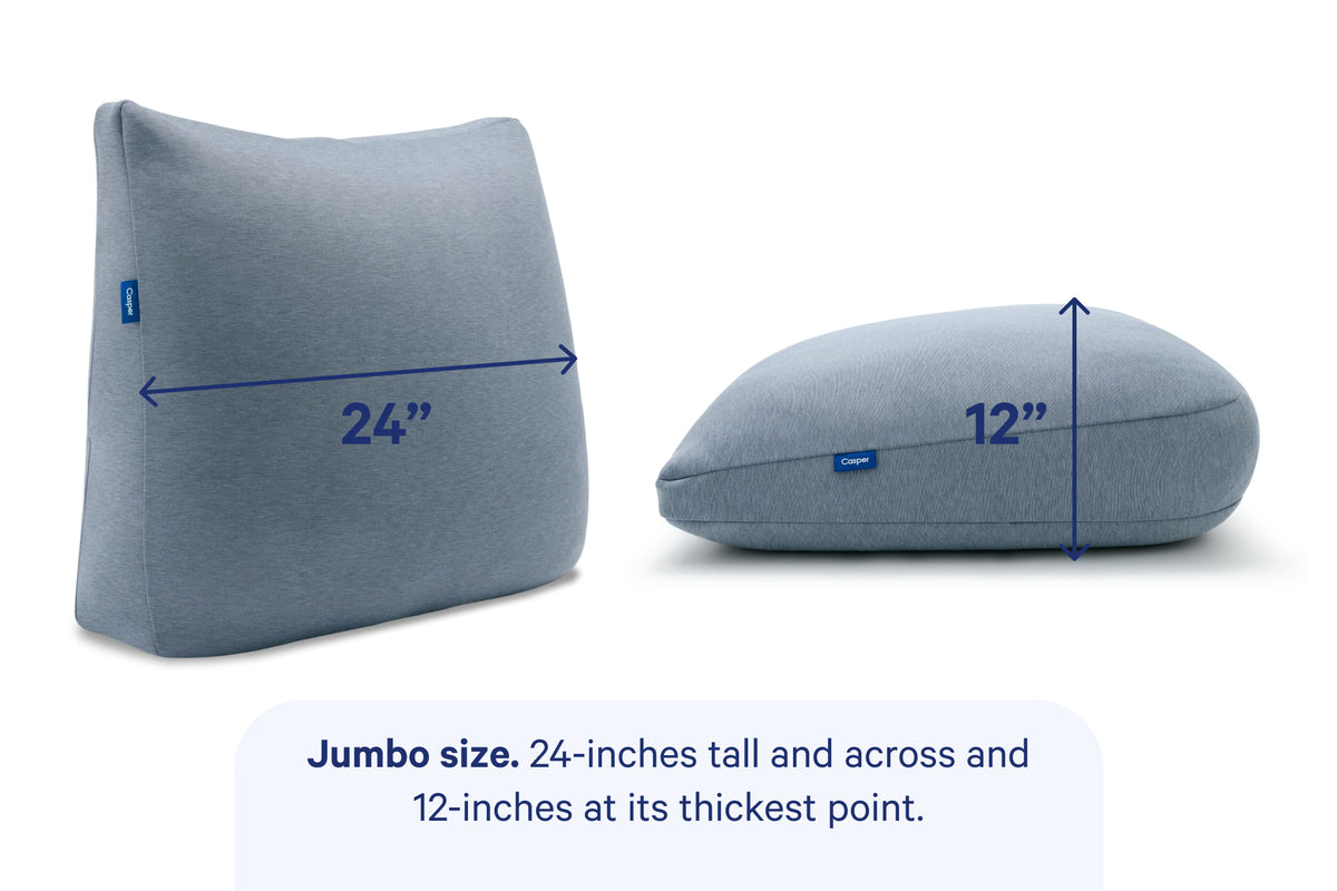 An image showing the dimensions of Casper's Backrest Pillow. Jumbo size. 24-inches tall and across and 12-inches at its thickest point.