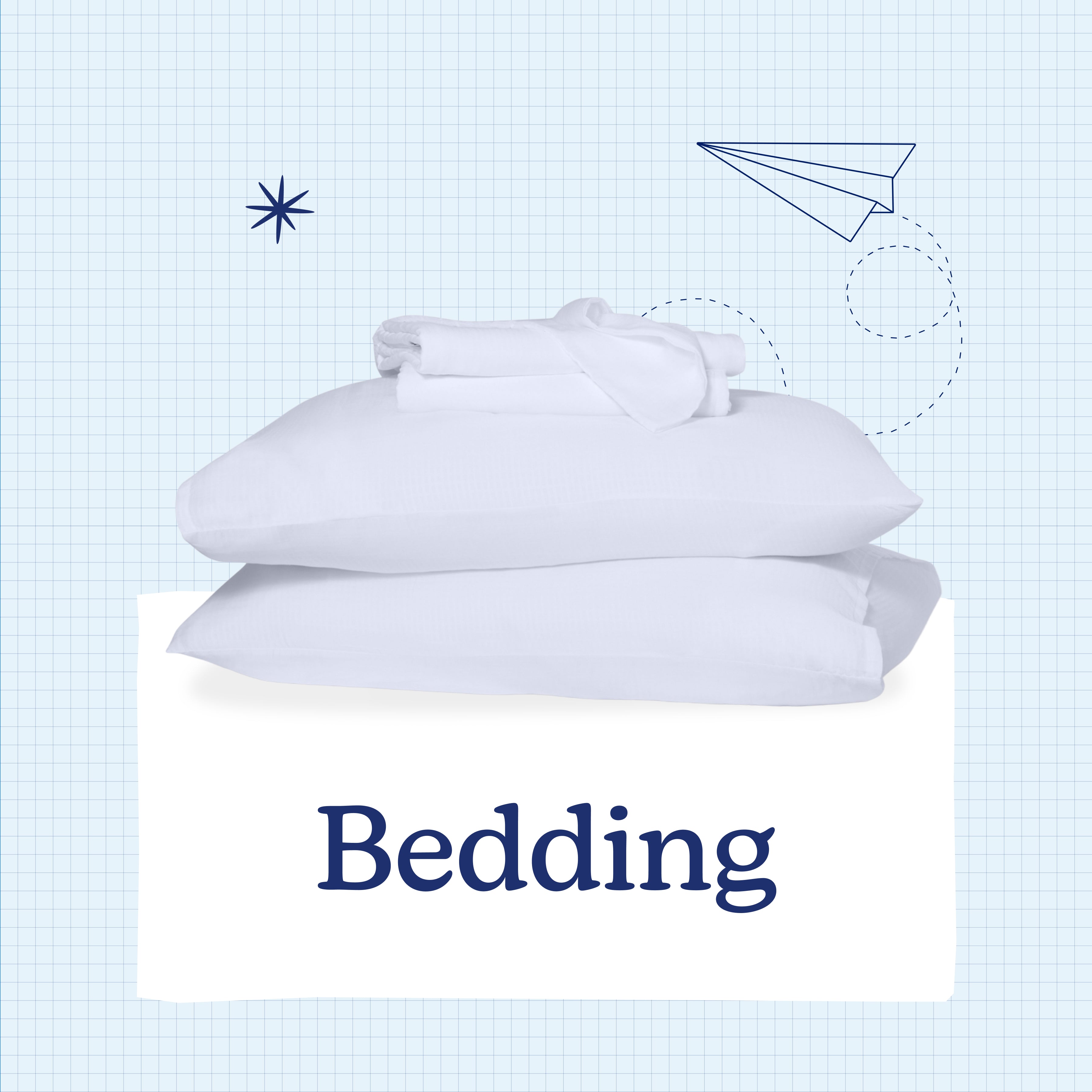 Stack of white bedding on a light blue background with 'Bedding' text.