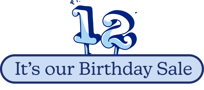 Blue birthday sale banner with number 12 and text 'It's our Birthday Sale'