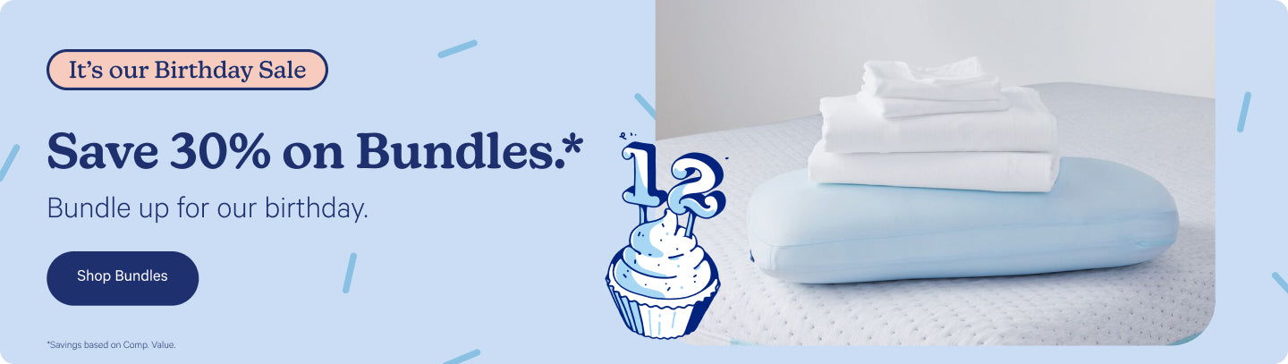 Promotional banner for Casper's birthday sale with a cupcake icon. Save 30% on Bundles.* Bundle up for our birthday. *Savings based on Comp. Value.