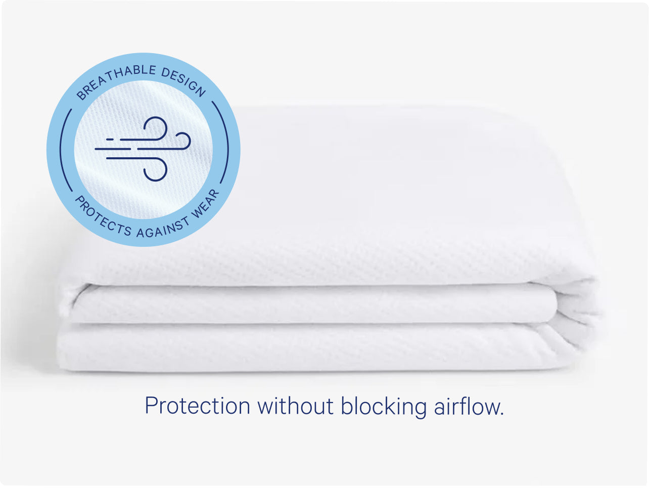 Folded mattress protector. Text on the image reads, "Breathable design. Protectors against wear. Protection without blocking airflow."