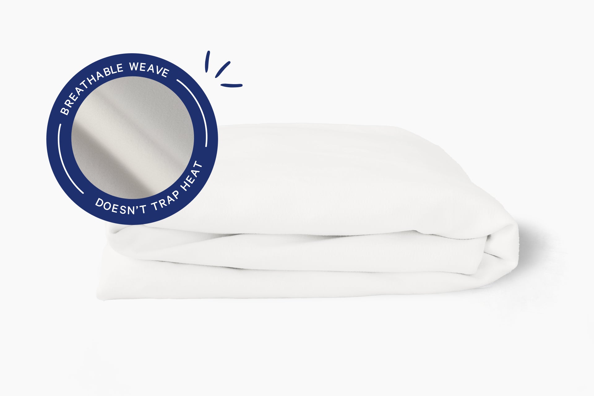 Folded, white, breathable mattress protector with a breathable weave that doesn't trap heat. White background.