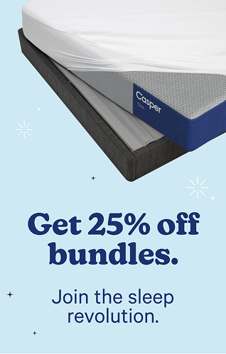 Casper mattress with promotional text on a light blue background. Get 25% of bundles. Join the sleep revolution.