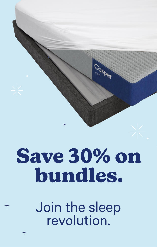 Casper mattress with promotional text on a light blue background. Save 30% on bundles. Join the sleep revolution.