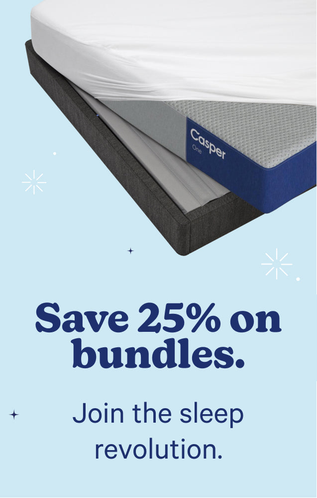 Casper mattress with promotional text on a light blue background. Save 25% on bundles. Join the sleep revolution.