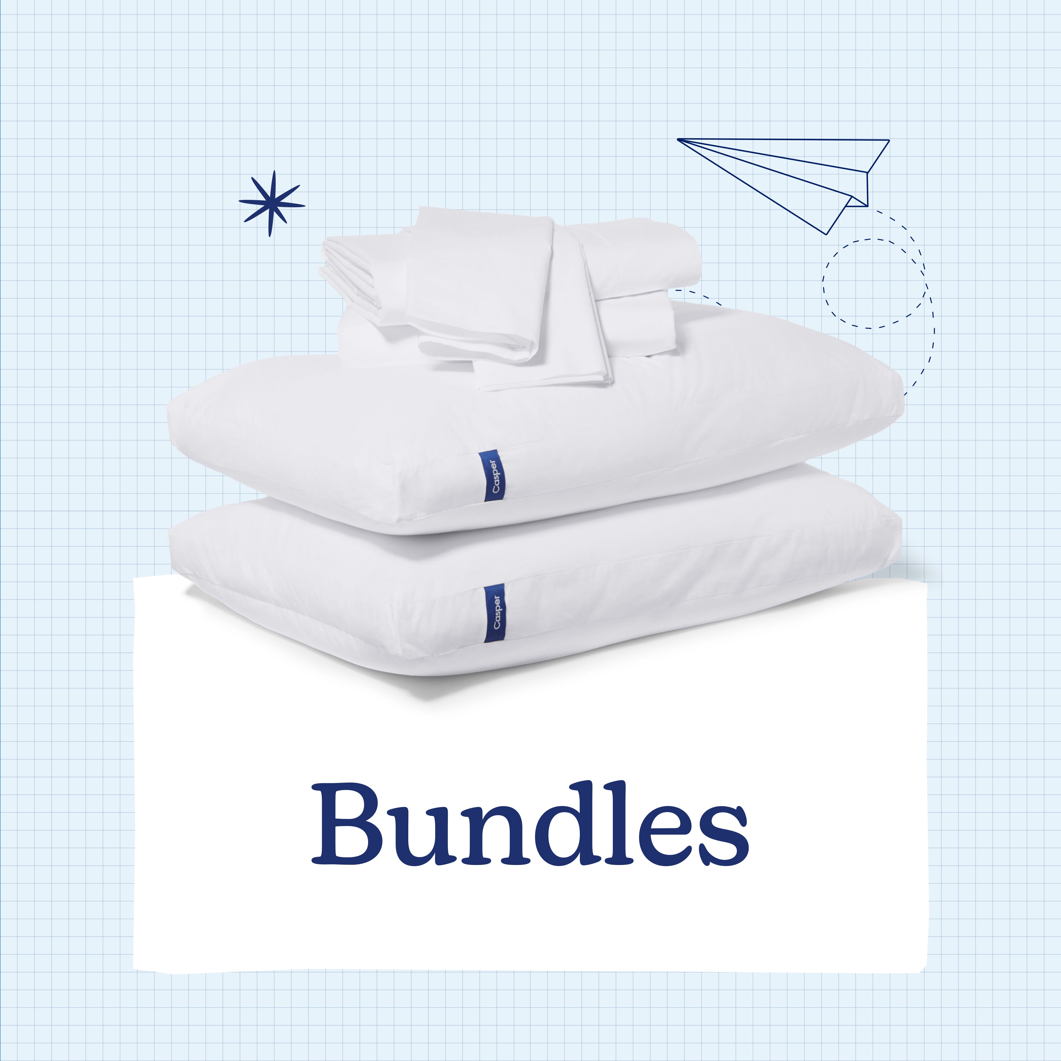 White bedding set with blue accents on a light blue background, featuring the word 'Bundles'.