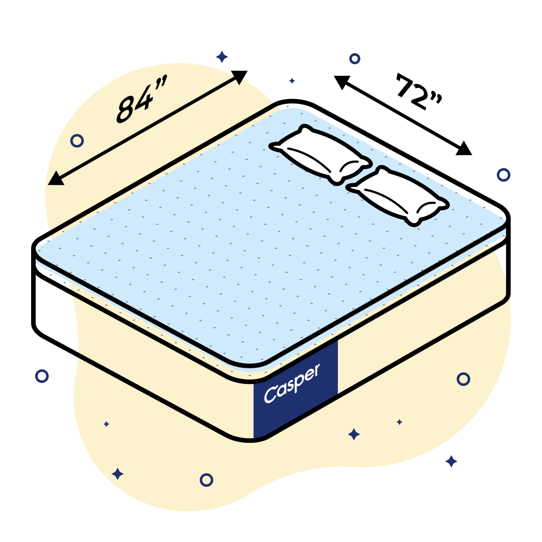 Illustration of a California King size Casper mattress with dimensions of 84" x 72" on a beige background