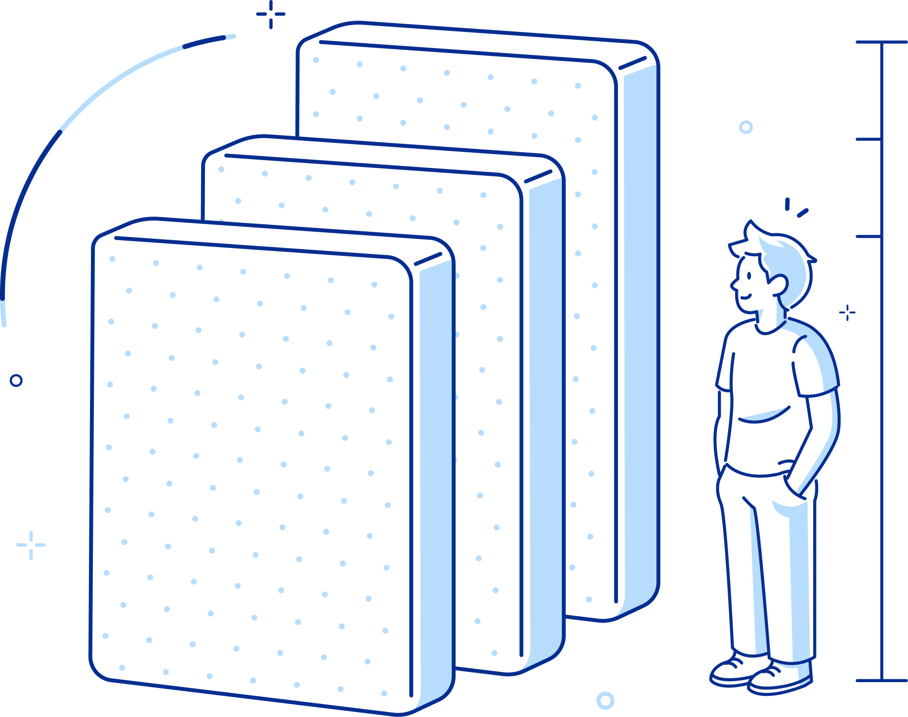 illustration showing three stacked mattress-like rectangular forms next to a simple standing person, with measurement-style marks on the right.