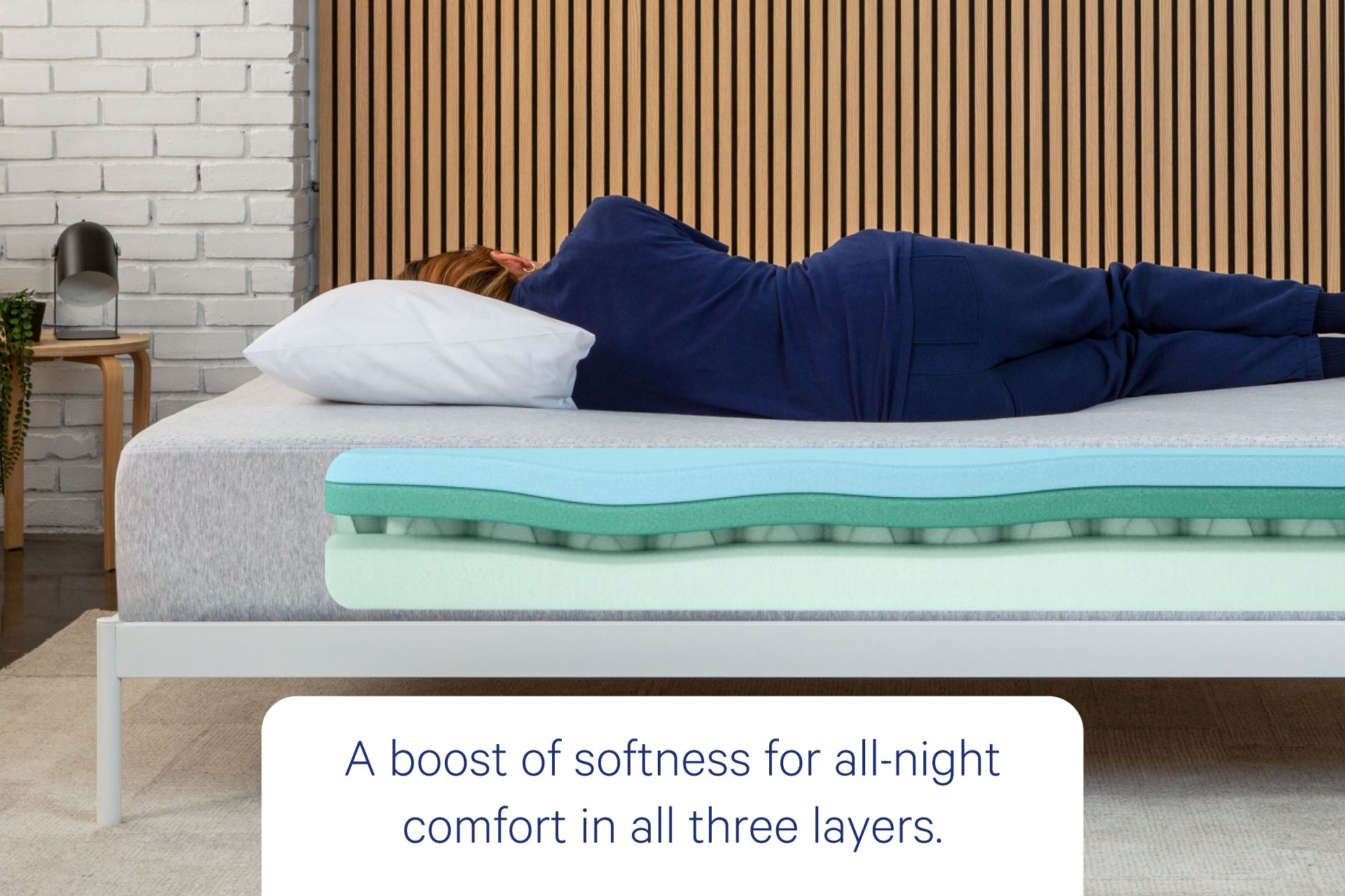 Person lying on a bed with a cross-section showing three layers of foam. Text under the image says "A boost of softness for all-night comfort in all three layers."