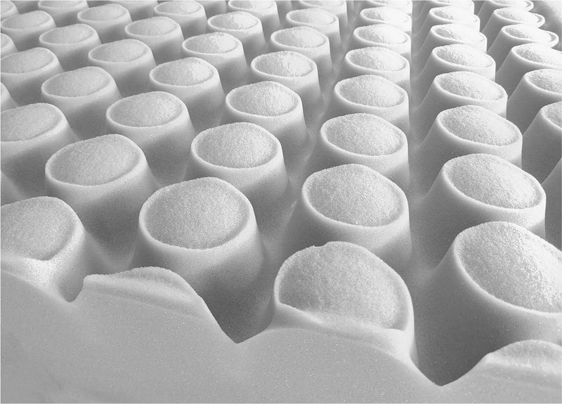 Close-up image of what the foam looks like on the inside. There are dozens of rows of small, sponge-like cyclinders.