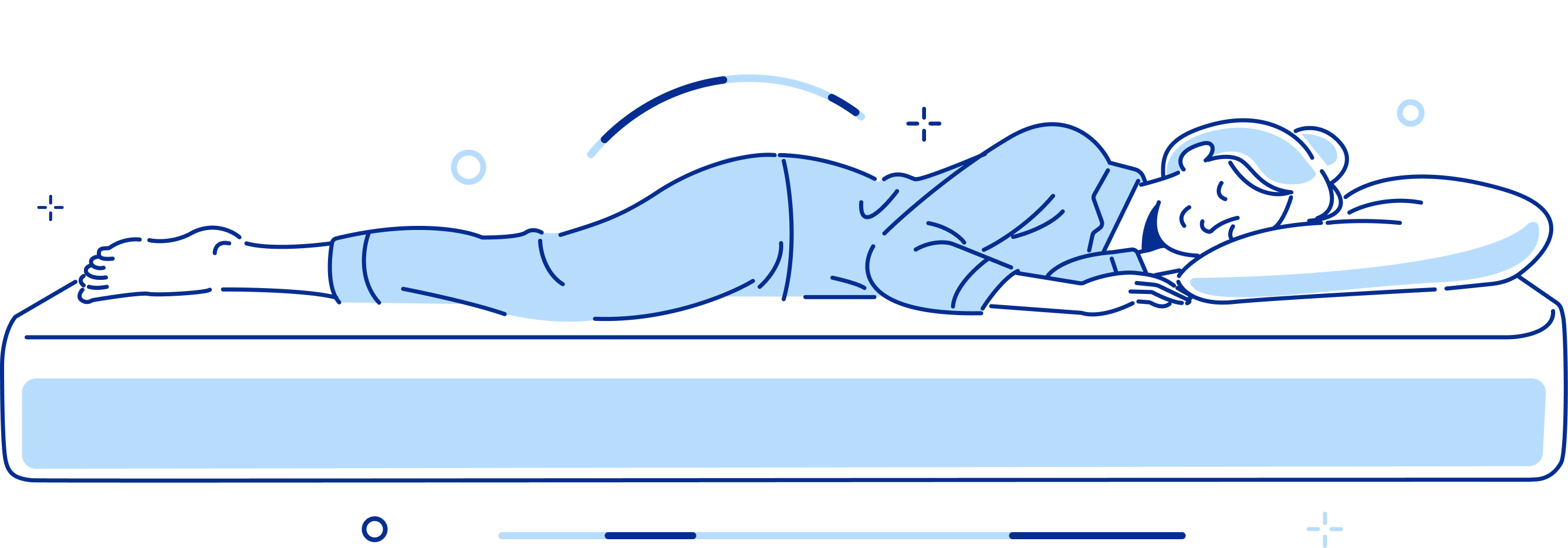 Blue line art illustration of a woman sleeping comfortably on her side on a mattress with a pillow, shown against a white background.