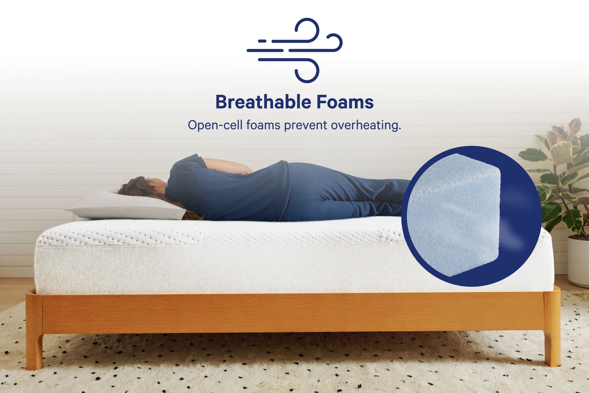A person lies on their side on a Casper Dream mattress. Written on top of the image are details of this mattress is "Breathable Foams. Open-cell foams prevent overheating."