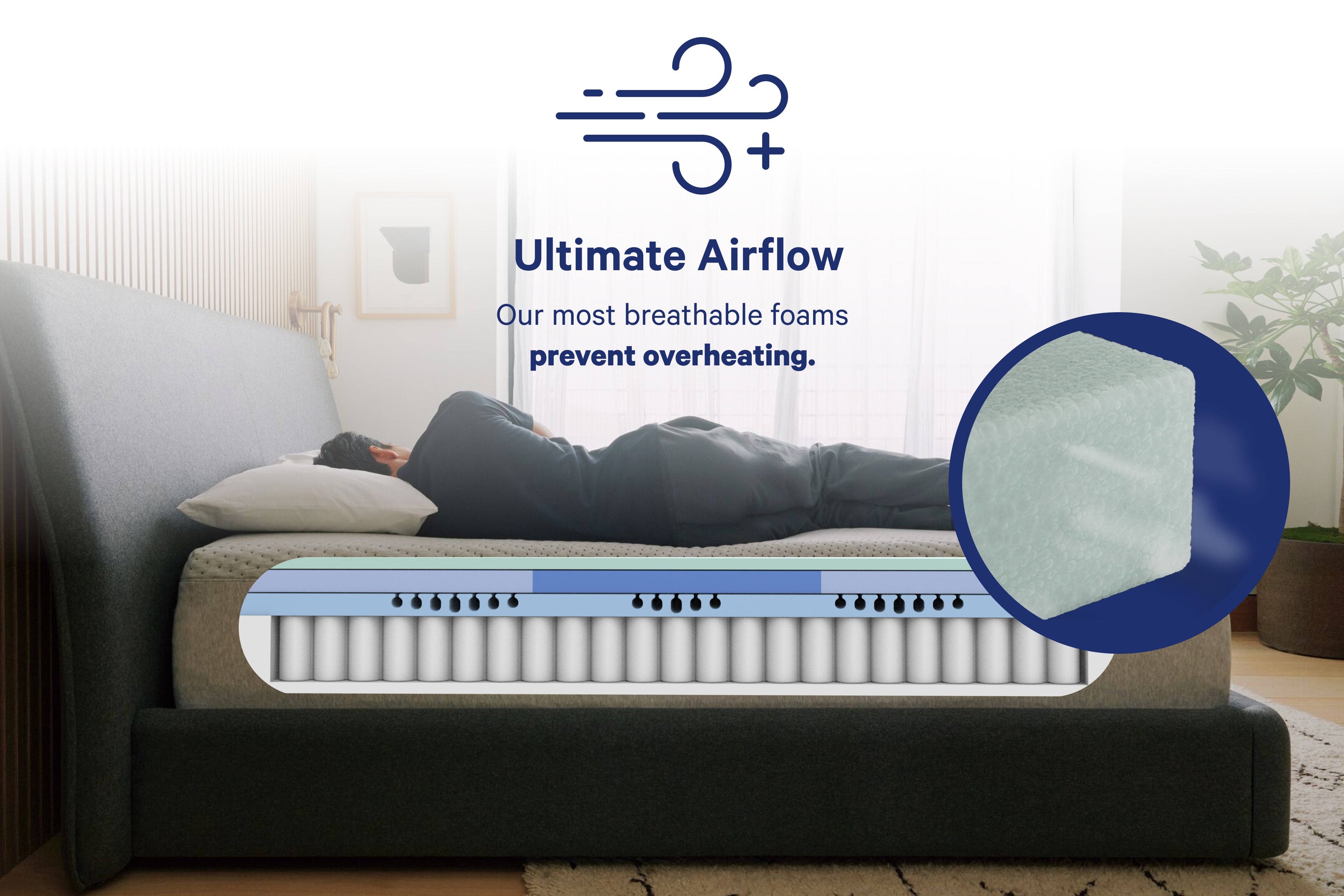 Person lying on a mattress with text above highlighting "ultimate airflow." Our most breathable foams prevent overheating.