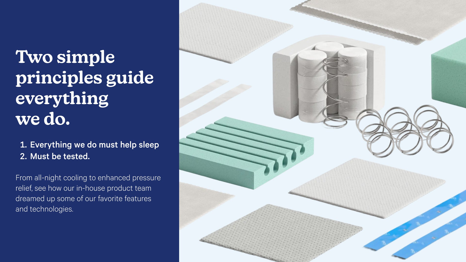 Text on the image reads, "Two simple principles guide everything we do. 1. Everything we do must help sleep. 2. Must be tested. From all-night cooling to enhanced pressure relief, see how our in-house product team dreamed up some of our favorite features and technologies."