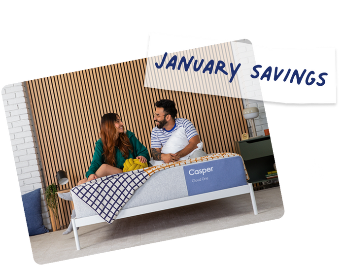 Casper mattress with couple on it and 'January Savings' text overlay