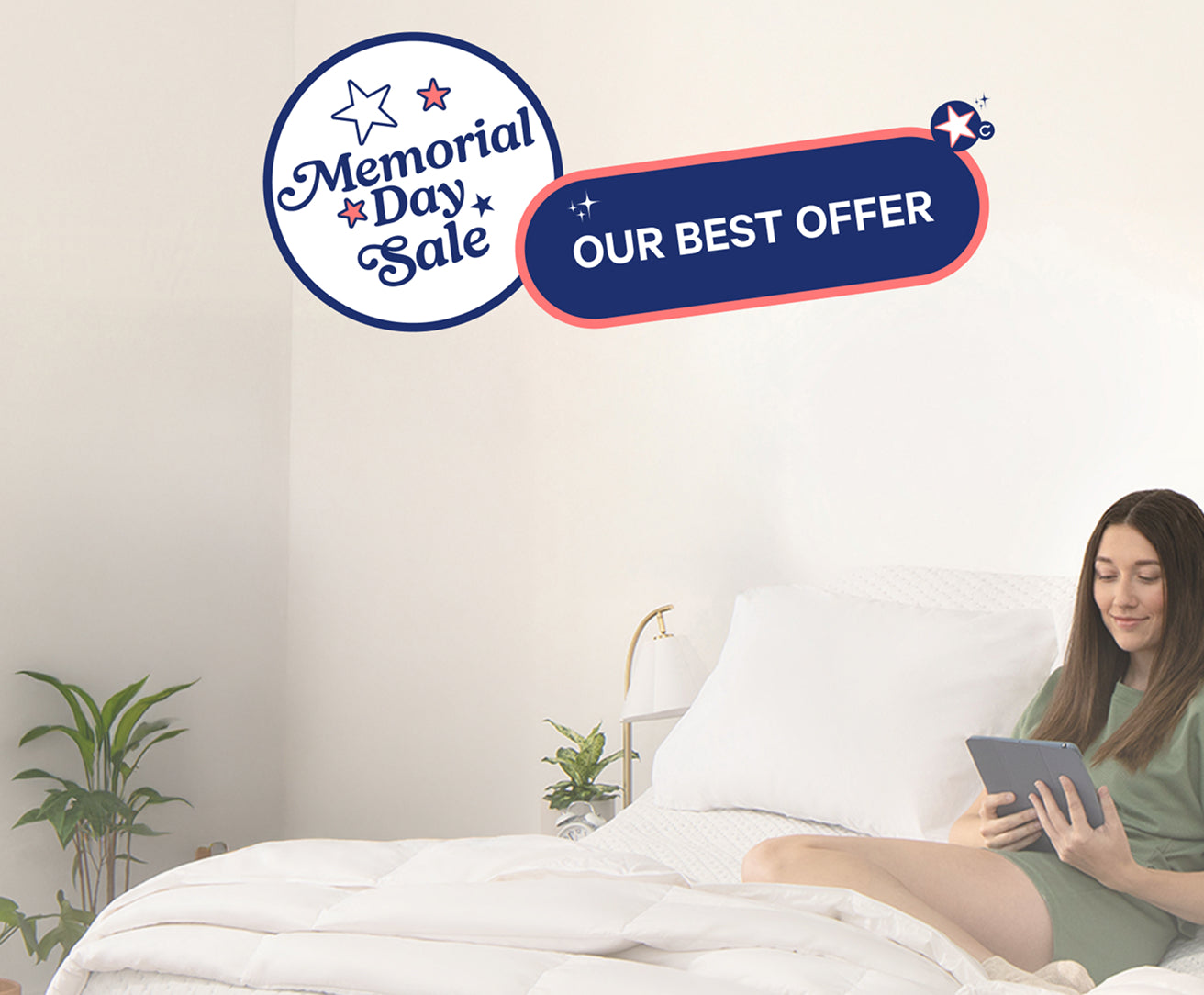 Memorial Day Sale. Our best offer. A woman lies in bed reading.