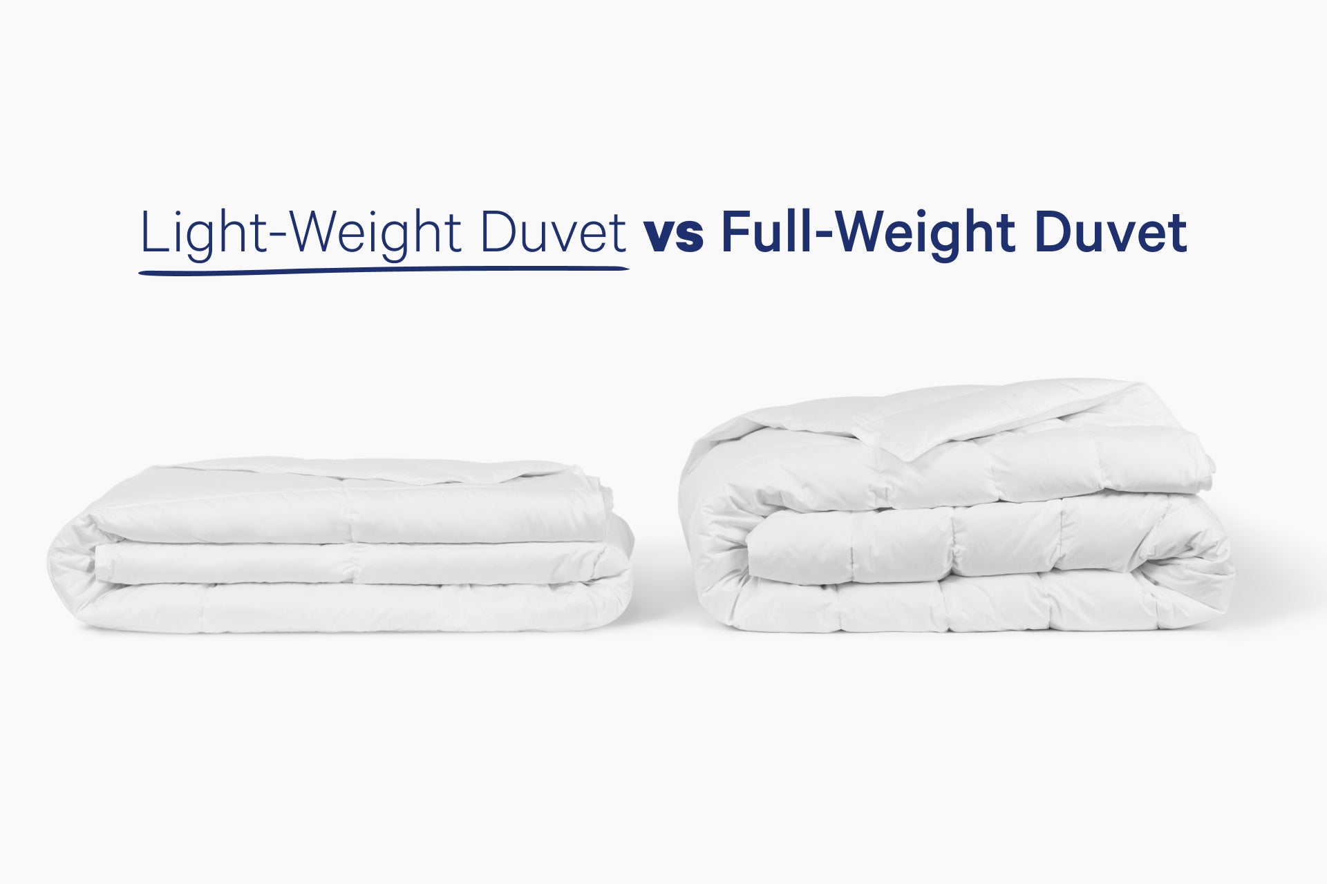 Comparison of the regular, full-weight Down Alt Duvet versus the light-weight Down Alt Duvet. An image shows both next to each other, folded. The light-weight version is thinner than the full-weight.