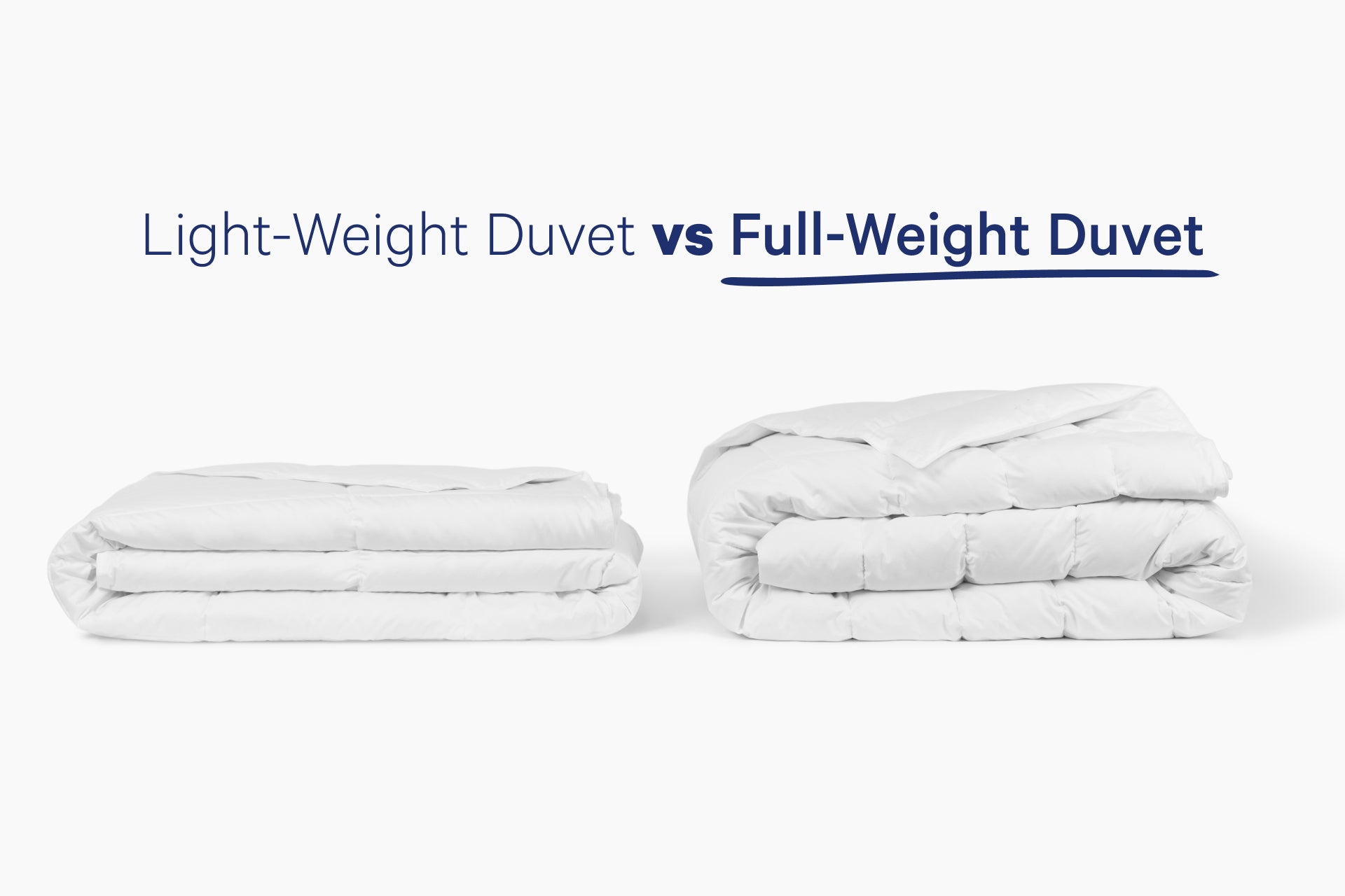 Comparison of the regular, full-weight Down Duvet versus the light-weight Down Duvet. An image shows both next to each other, folded. The light-weight version is thinner than the full-weight.