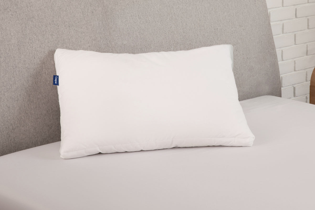 Down Pillow leaning against a headboard