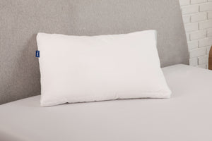 Down Pillow leaning against a headboard