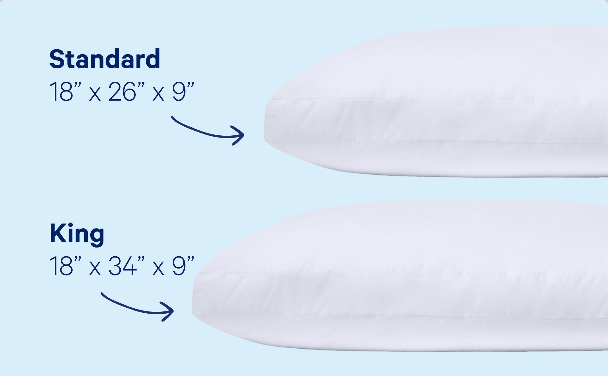Casper Down Pillow. Standard size 18" x 26" x 9" and King size 18" x 34" x 9"