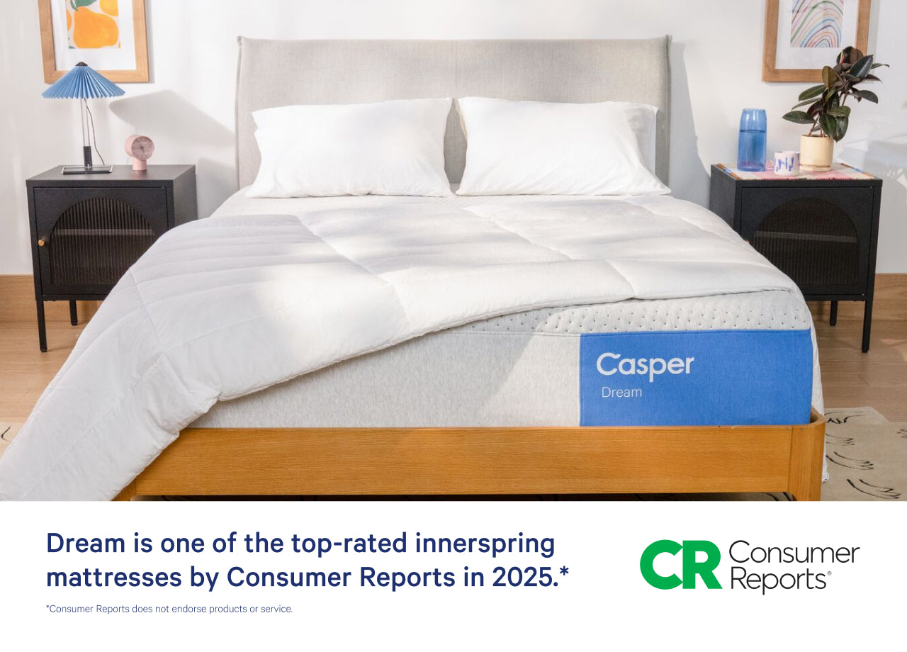 Front-facing image of the Casper Dream mattress with two pillows and a blanket folded on top. Beneath the image says "Dream is one of the top-rated innerspring mattresses by Consumer Reports in 2025." Consumer Reports does not endorse products or service.