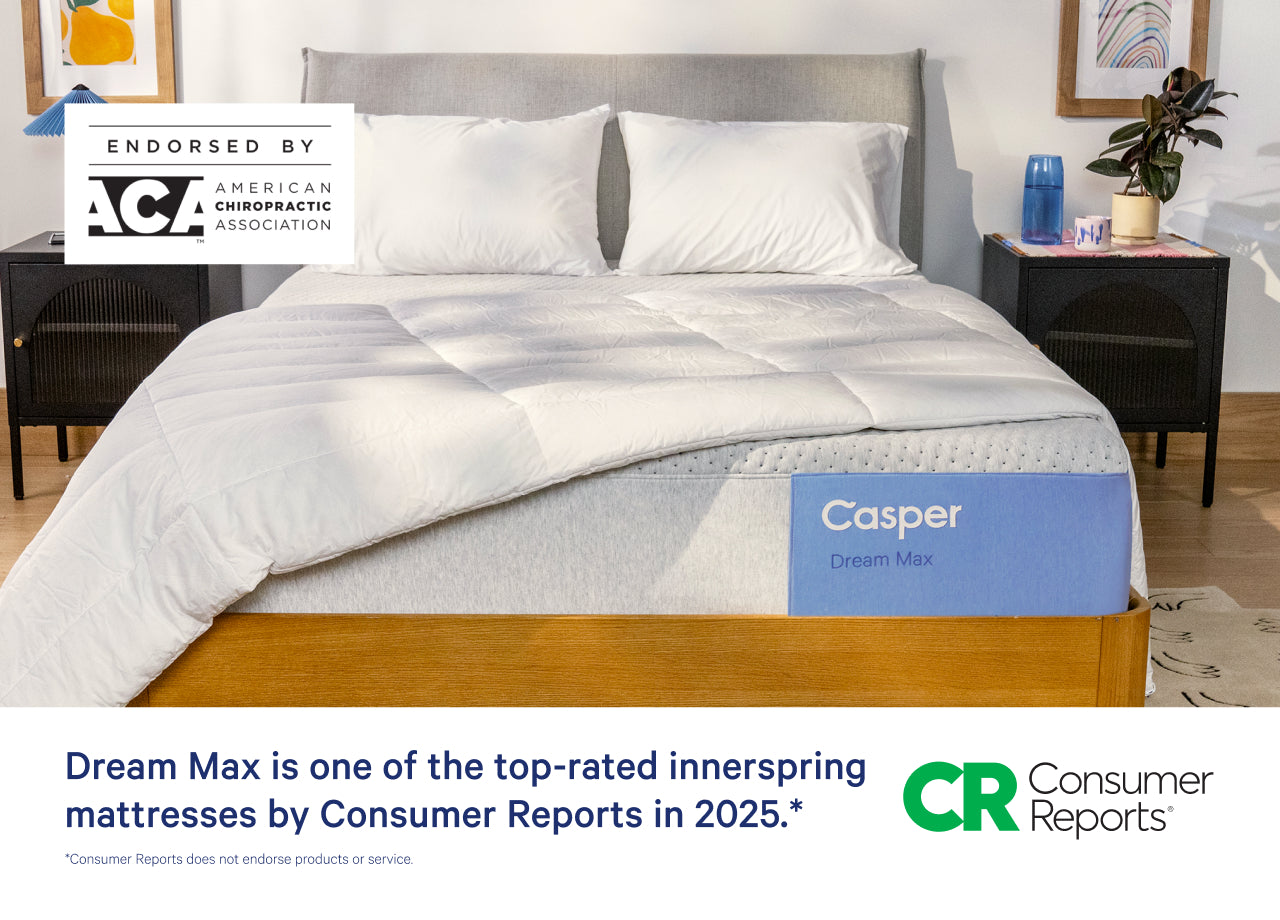 Front-facing view of the Casper Dream Max mattress on a bed frame with two pillows and a blanket folded on top. A badge indicates that this is endorsed by the American Chiropractic Association. Beneath the image it says "Dream Max is one of the top-rated innerspring mattresses by Consumer Reports in 2025." Consumer Reports does not endorse products or service.