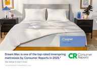 Front-view of the Casper Dream Max mattress in a bed frame with two pillows and a blanket folded on top. Beneath the image there appears a banner which says, "Dream Max is one of the top-rated innerspring mattresses by Consumer Reports in 2025. Consumer Reports does not endorse products or service."