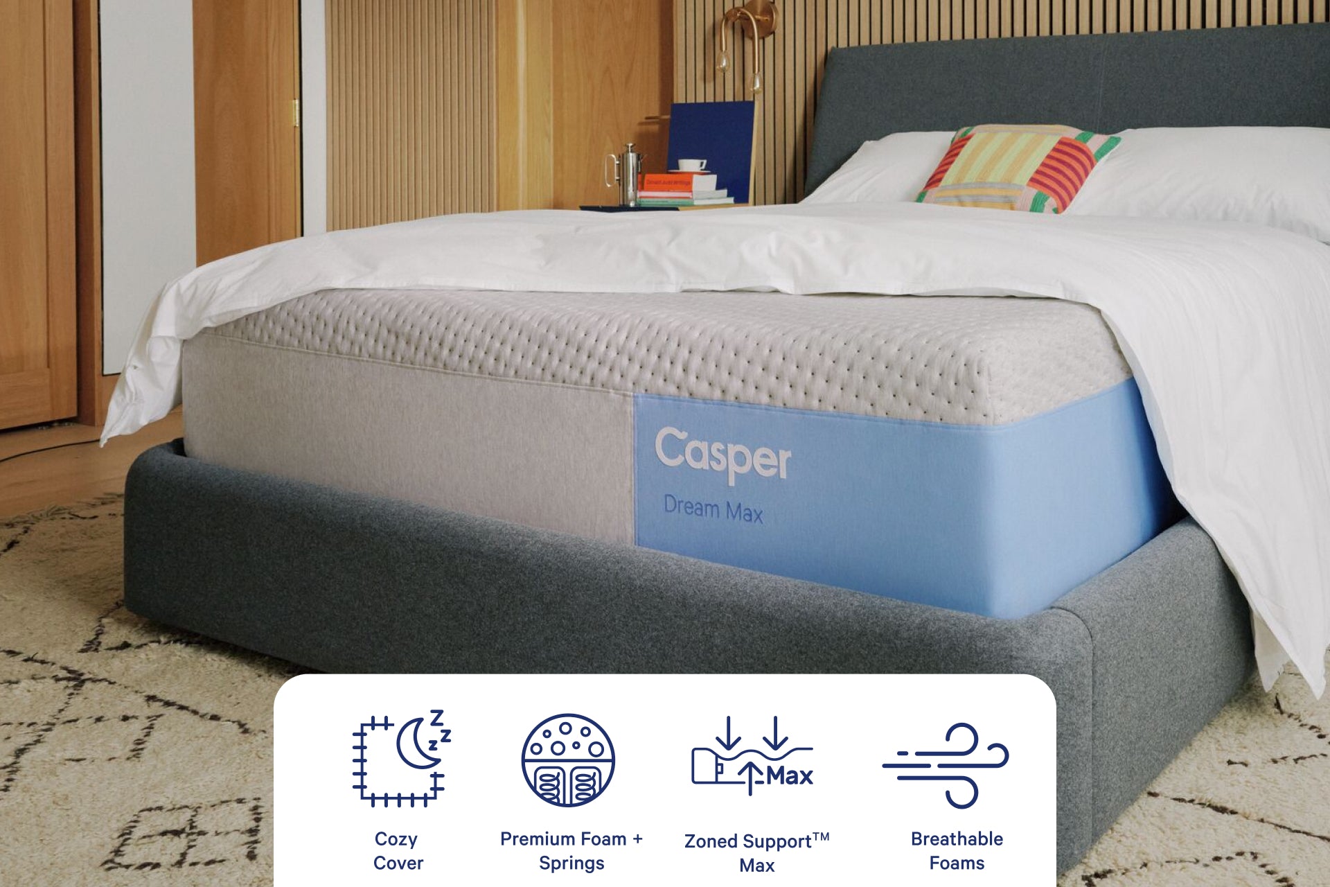 Corner view of Casper's Dream Max Mattress. Graphics at the bottom of the image indicate features including Cozy Cover, Premium Foam and Springs, Zoned Support™ Max, and Breathable Foams.