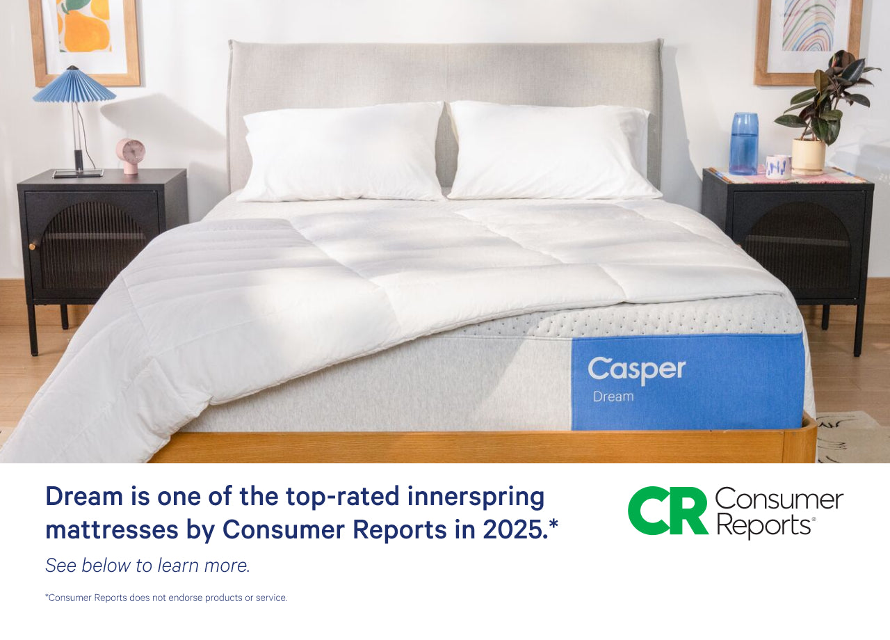 Front-view of the Casper Dream mattress in a bed frame with two pillows and a blanket folded on top. Beneath the image there appears a banner which says, "Dream is one of the top-rated innerspring mattresses by Consumer Reports in 2025. Consumer Reports does not endorse products or service."