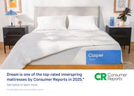 Front-view of the Casper Dream mattress in a bed frame with two pillows and a blanket folded on top. Beneath the image there appears a banner which says, "Dream is one of the top-rated innerspring mattresses by Consumer Reports in 2025. Consumer Reports does not endorse products or service."