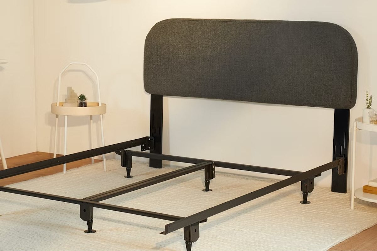 Drift Attachable Headboard, Slate color, attached to a metal bed frame