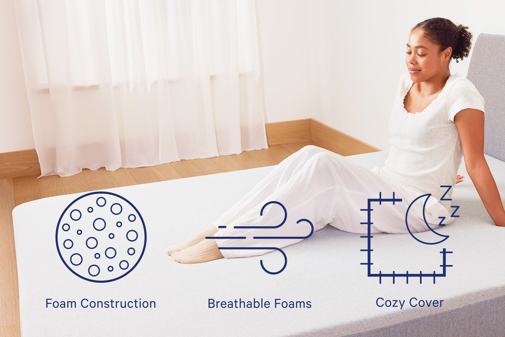 Woman sitting on a bed with text icons indicating foam construction, breathable foams, and cozy cover.
