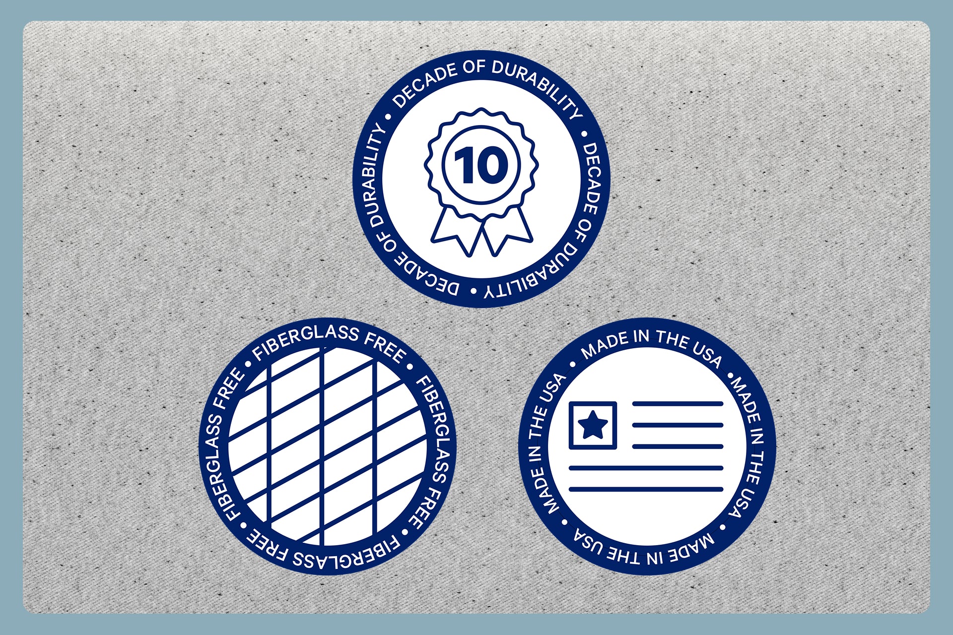 Three blue and white product certification logos on a textured gray background. Printed on them are the words, "Decade of durability," "Fiberglass free," and "Made in the USA."
