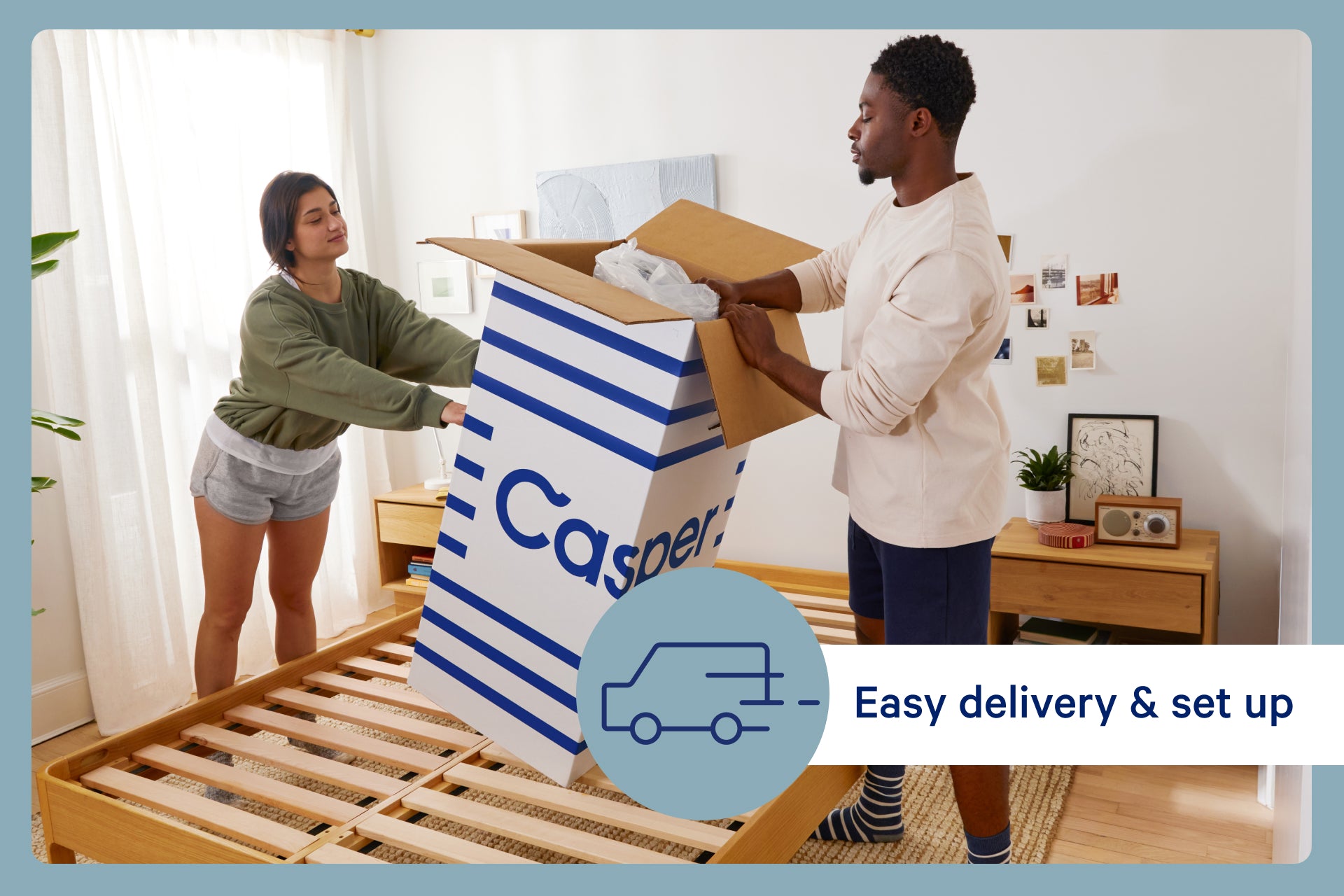 Two people unboxing a Casper mattress over their bed frame. A delivery icon on the image says "easy delivery & set up" next to it.