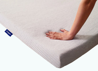 A person's hand presses down to feel the comfort of the Essential Topper.