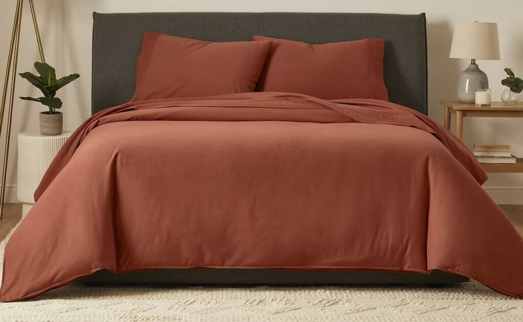 Spice Flannel Duvet Cover on a bed, front view