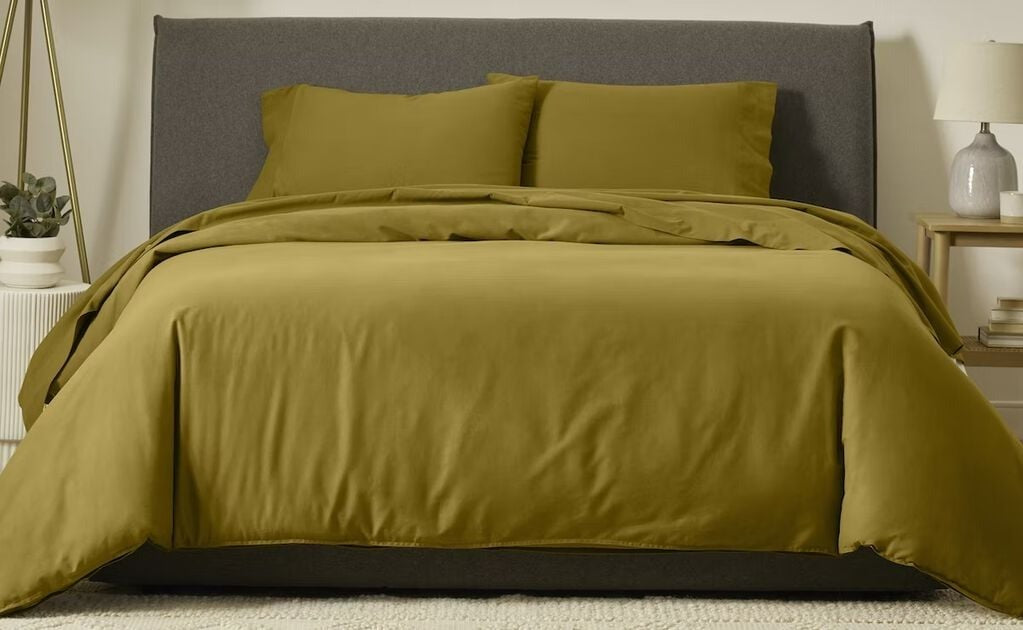 Olive Flannel Duvet Cover on a bed, front view